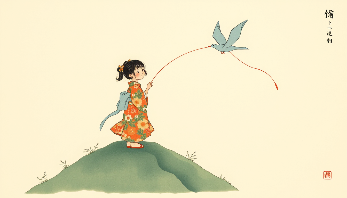 Main art studio: Little Japanese girl in a long flowered kimono is standing on the top of a hill above her home, and the light blue kite she is flying is sprouting win