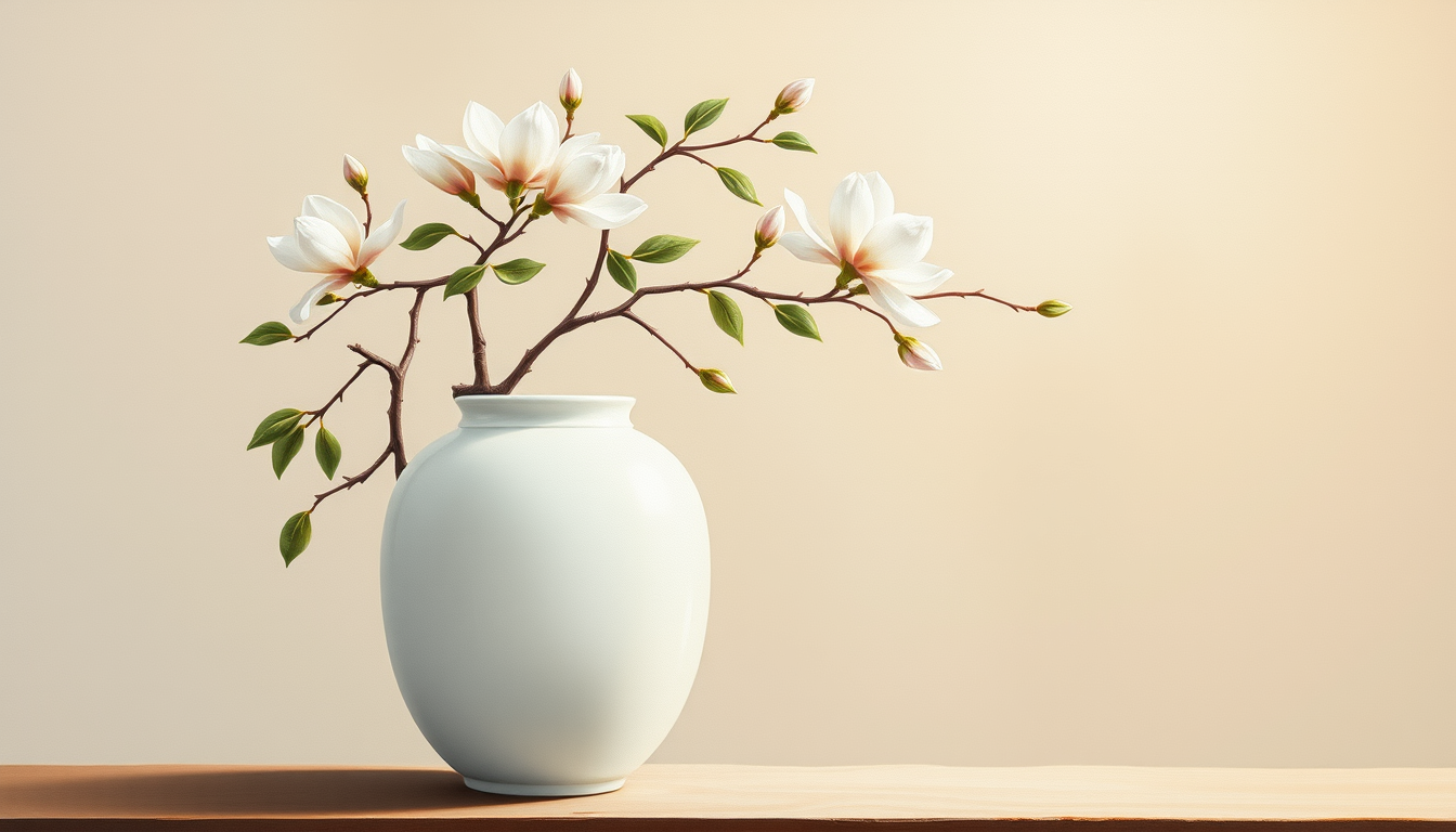 Main art studio: A beautiful Korean white moon jar (dalhangari) with 3 graceful white magnolia branches growing upward from the jar, soft ivory and pale pink flowers,