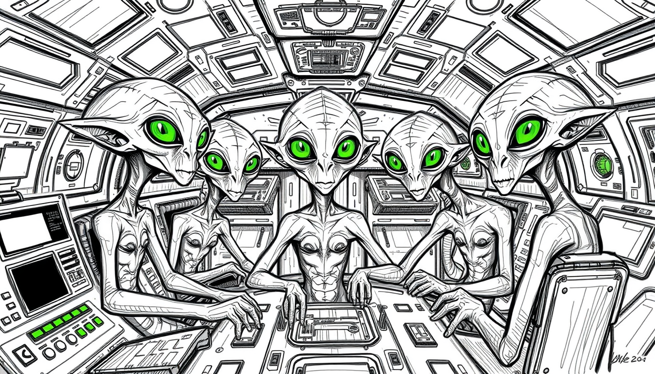 Main art studio: Hand-drawn 2D sketch inside the strange Qllose alien spaceship. Show the five SAME alien crew members from the reference, keeping their designs consis
