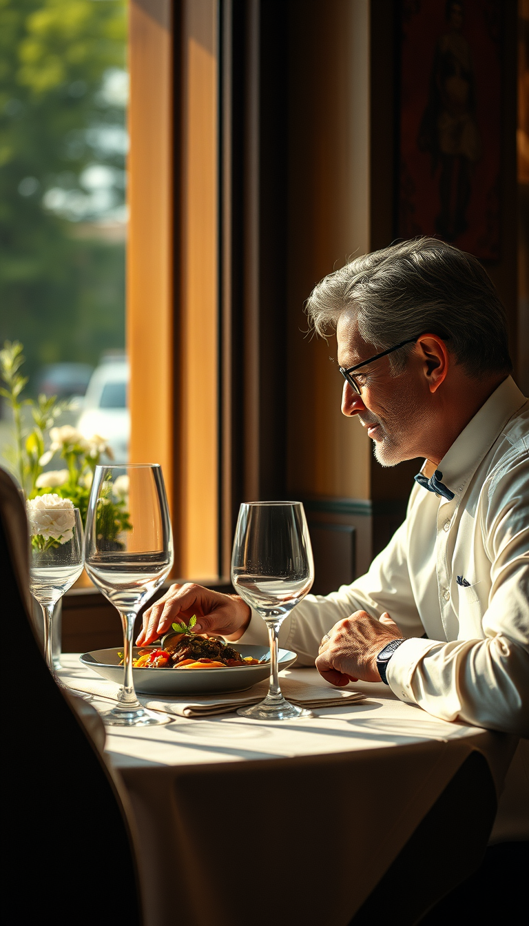 AI Art prompt example created from the prompt: Homem elegante almoçando em um restaurante sofisticado, comida realista sobre a mesa, luz natural pela janela, ambiente aconchegante. Ultra-