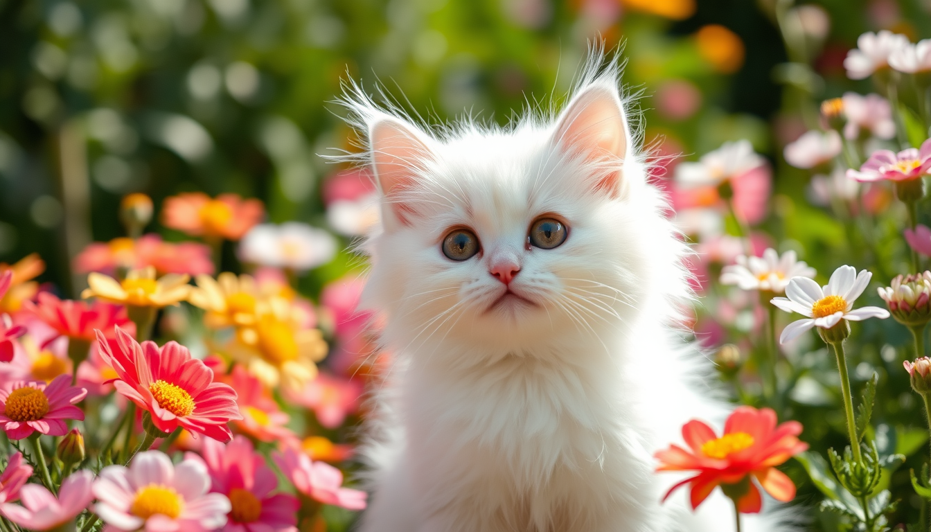 Main art studio: A cute fluffy cat sitting in a beautiful flower garden, soft white fur, big sparkling eyes, adorable face, realistic photography, natural sunlight, ul