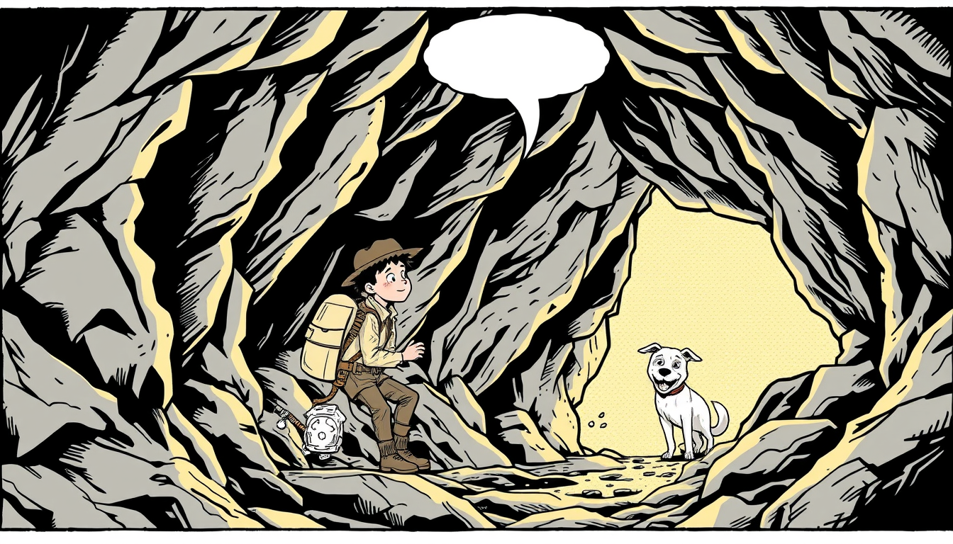AI Comic idea created from the prompt: comic panel, bold inks, halftone shading, speech-bubble ready composition, Dibuja al mismo joven explorador encontrando a su amigo perdido d
