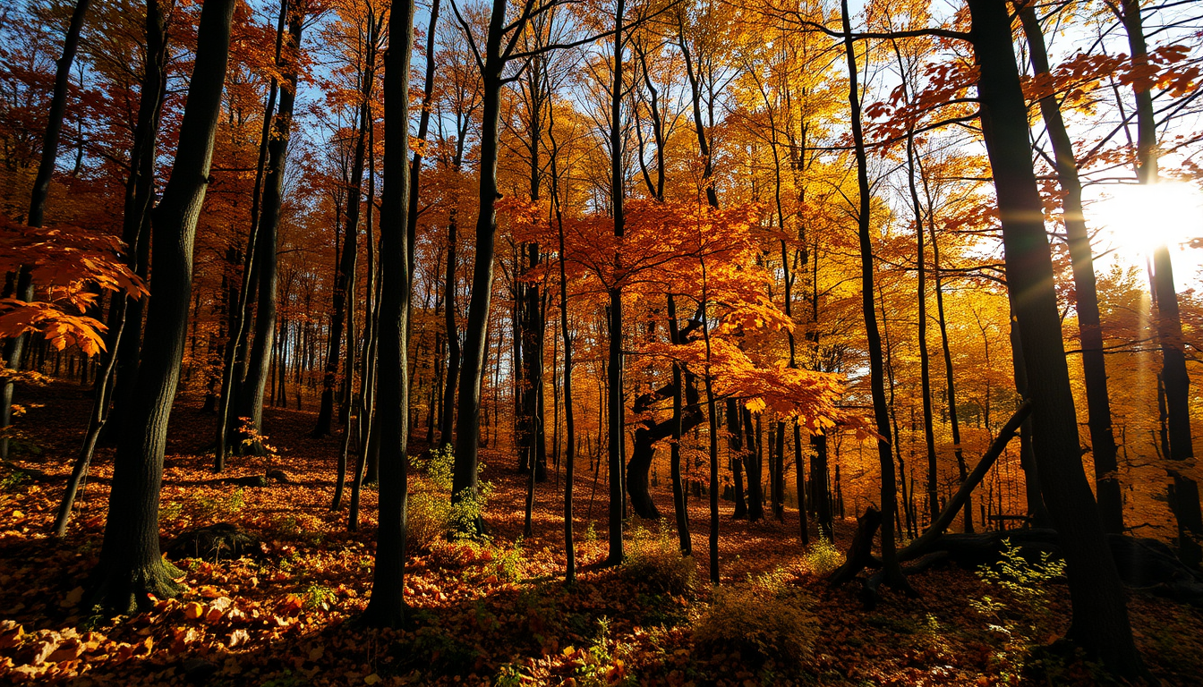 Main art studio: forest in autumn, as realistic as possible, should look like a photo, sun ist shining