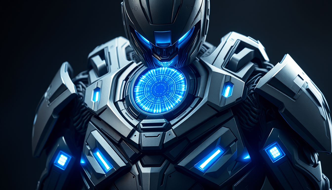 Main art studio: “Crea un superhéroe con una armadura tecnológica futurista inspirada en las armaduras de ciencia ficción, completamente gris metálica, con un reactor