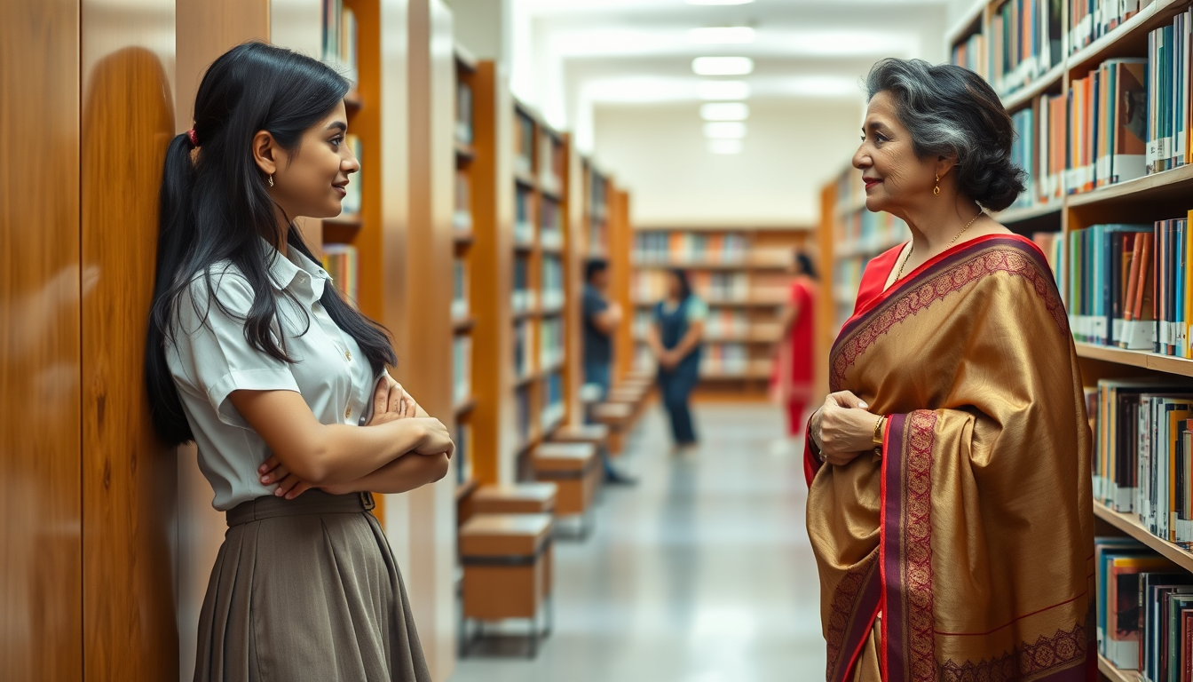 Main art studio: Landscape photorealistic Indian school library: 18-year-old female student in neat modest shirt skirt school uniform and elegant female teacher in her