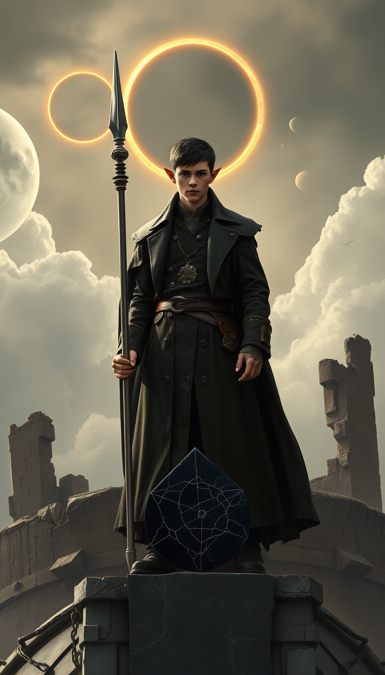 Main art studio: A young half-elf man, with human ears. Standing on top of a ruined, scourched and cracked domed tower where a cloady sky with eclipsed sun and moon ar