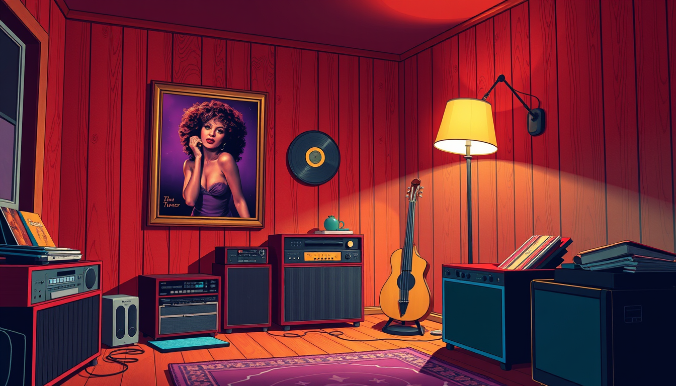AI Art prompt example created from the prompt: Vintage 1980s music room, cinematic tribute to Tina Turner, warm amber wood, burgundy red, deep purple and teal accents, golden record, fram