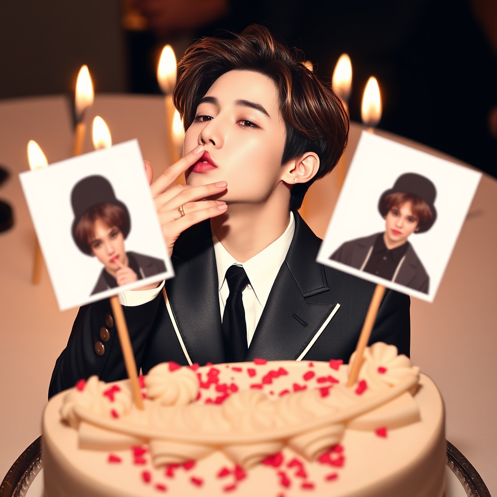 AI Art prompt example created from the prompt: Please create an image of Jimin from BTS for me, which I’ll use to make small pictures to attach to cocktail sticks and stick into the cake.