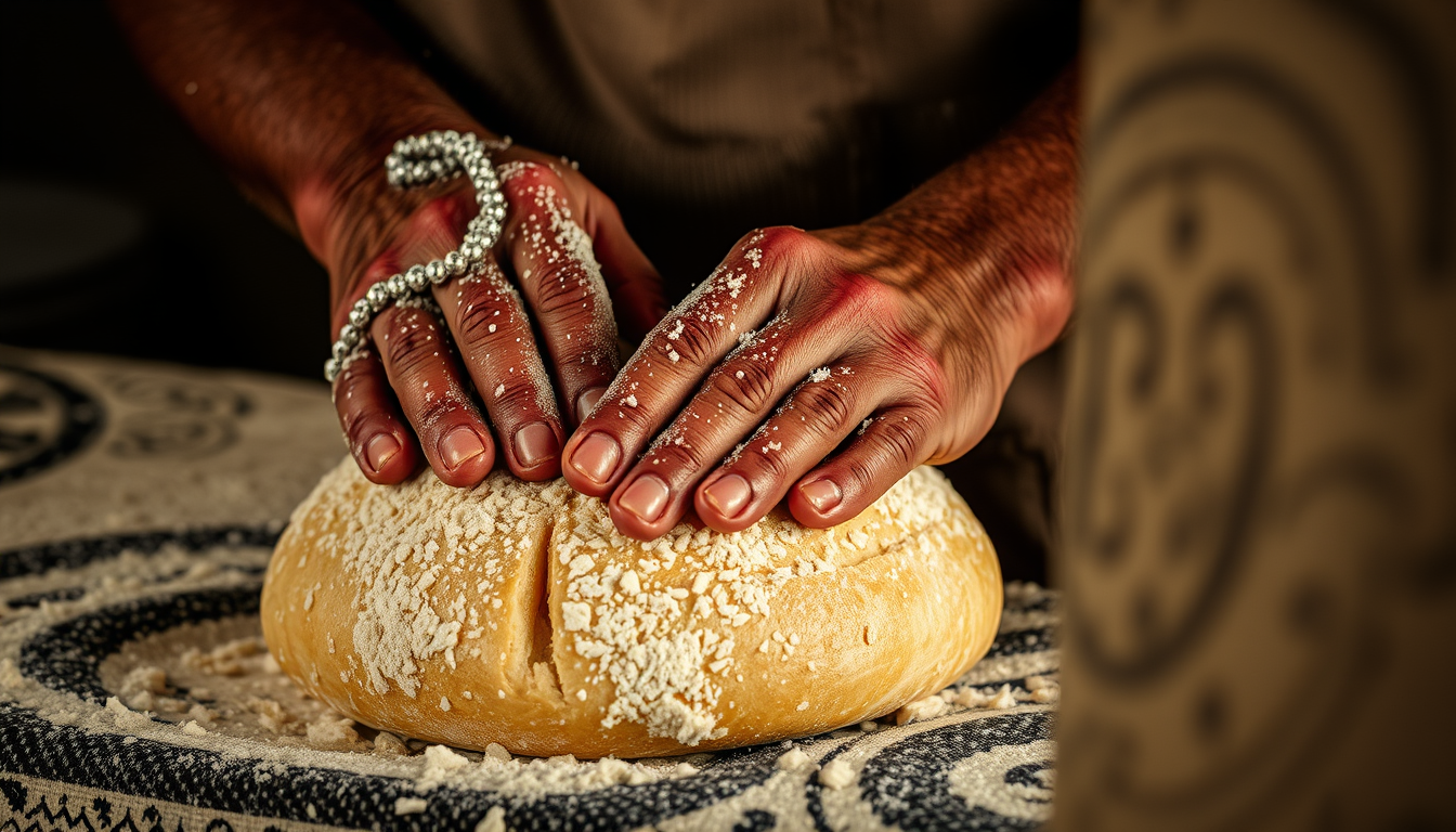 Main art studio: quiero un video unas manos amasando pan de harina de sarraceno. La iluminación debe ser contrastada y desaturada que recuerden a un ambiente en un obr