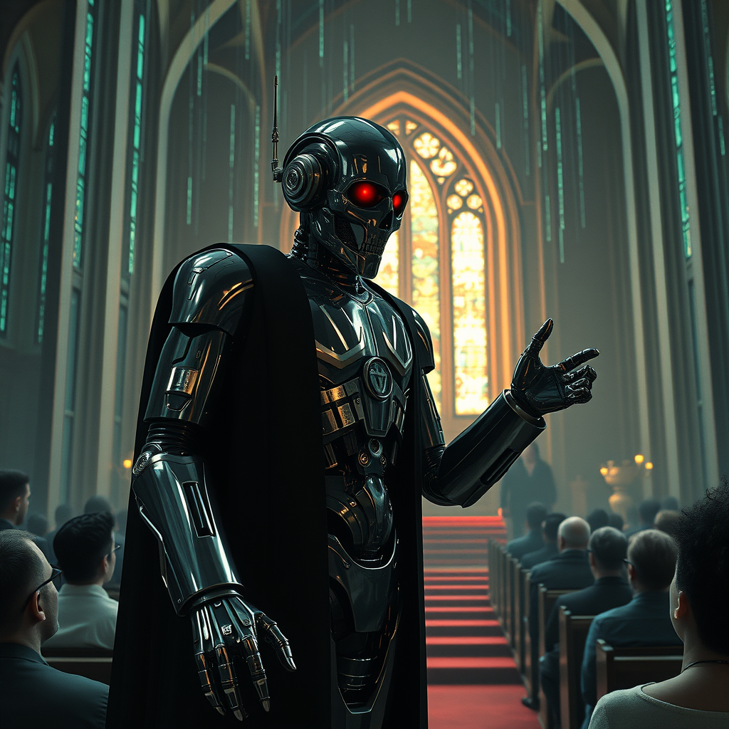 AI Art prompt example created from the prompt: a matrix like scene with a futuristic chrome robot preacher in a church while people look on in horror