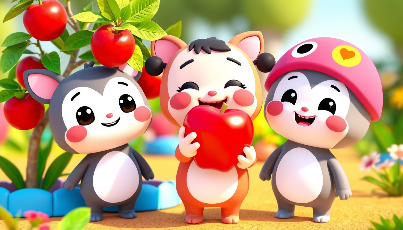 Main art studio: Aru, Mia and Bobo are happily standing in a bright colorful preschool garden. Aru is holding a shiny bright red apple and smiling at the camera. Red a