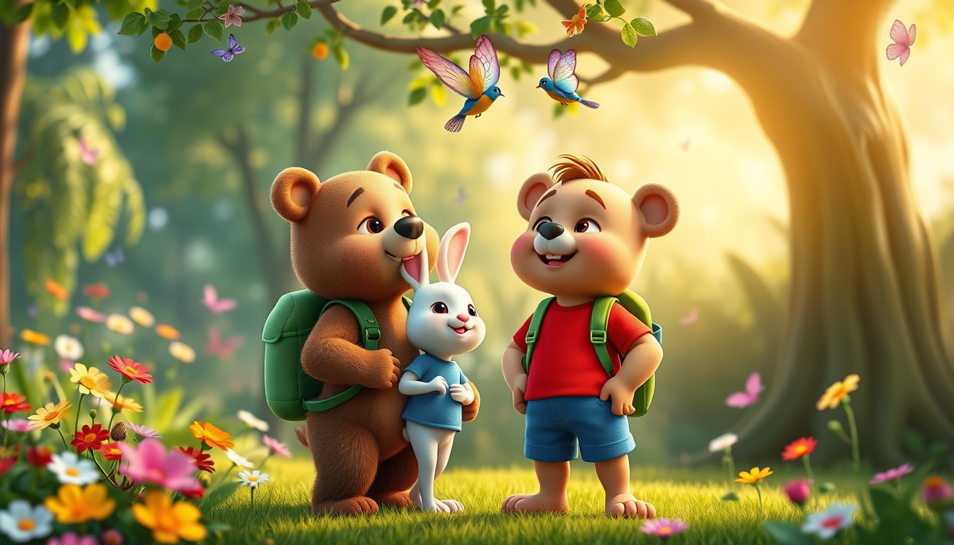 Main art studio: 3D animated children's cartoon. Bruno, a cute brown bear wearing a red T-shirt, blue shorts, and green backpack, stands beside Benny, a small white ra