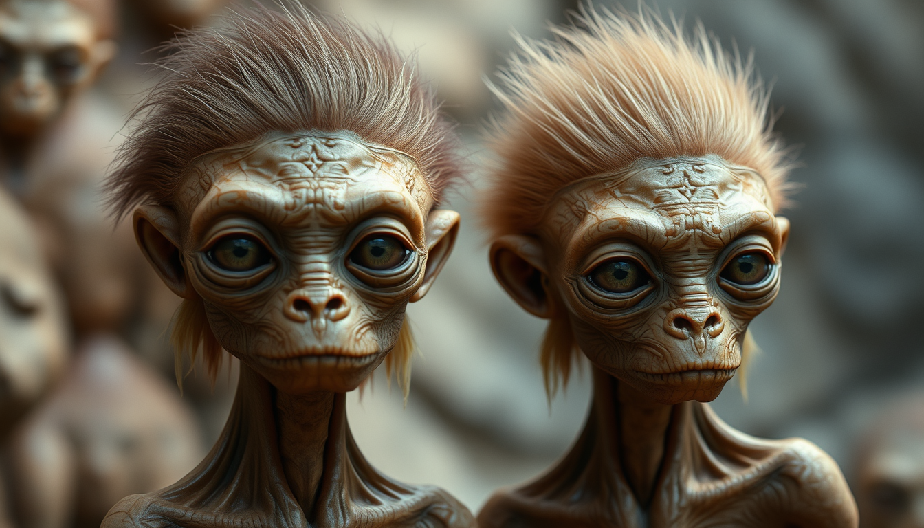 Main art studio: Humanoids are mammalian in appearance, with widely spaced eyes positioned near their temples. Tufts of soft hair, ranging in color from light tan to d