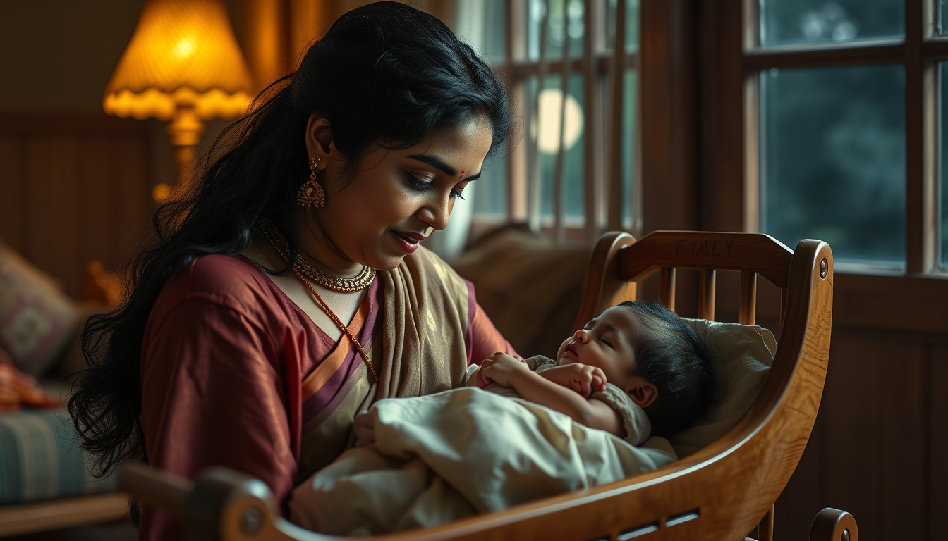 Main art studio: A beautiful South Indian Tamil mother gently rocking her adorable sleeping baby in a traditional wooden cradle at night, warm soft lamp light, moonlig