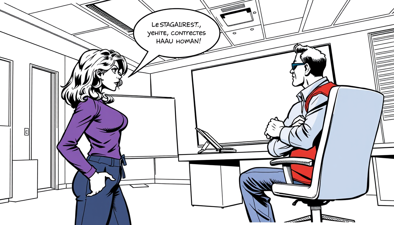 AI Comic idea created from the prompt: comic panel, bold inks, halftone shading, speech-bubble ready composition, La Stagiaire • Apparence : Cheveux châtains ondulés, haut violet,