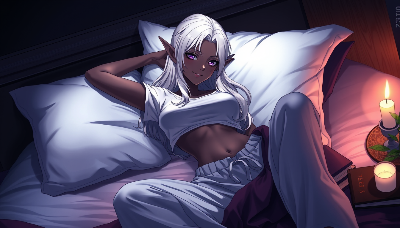 Main art studio: A dark, warm-lit anime fantasy illustration of an adult elf woman relaxing on a bed. She has long silver-white hair, pointed ears, purple eyes, dark g