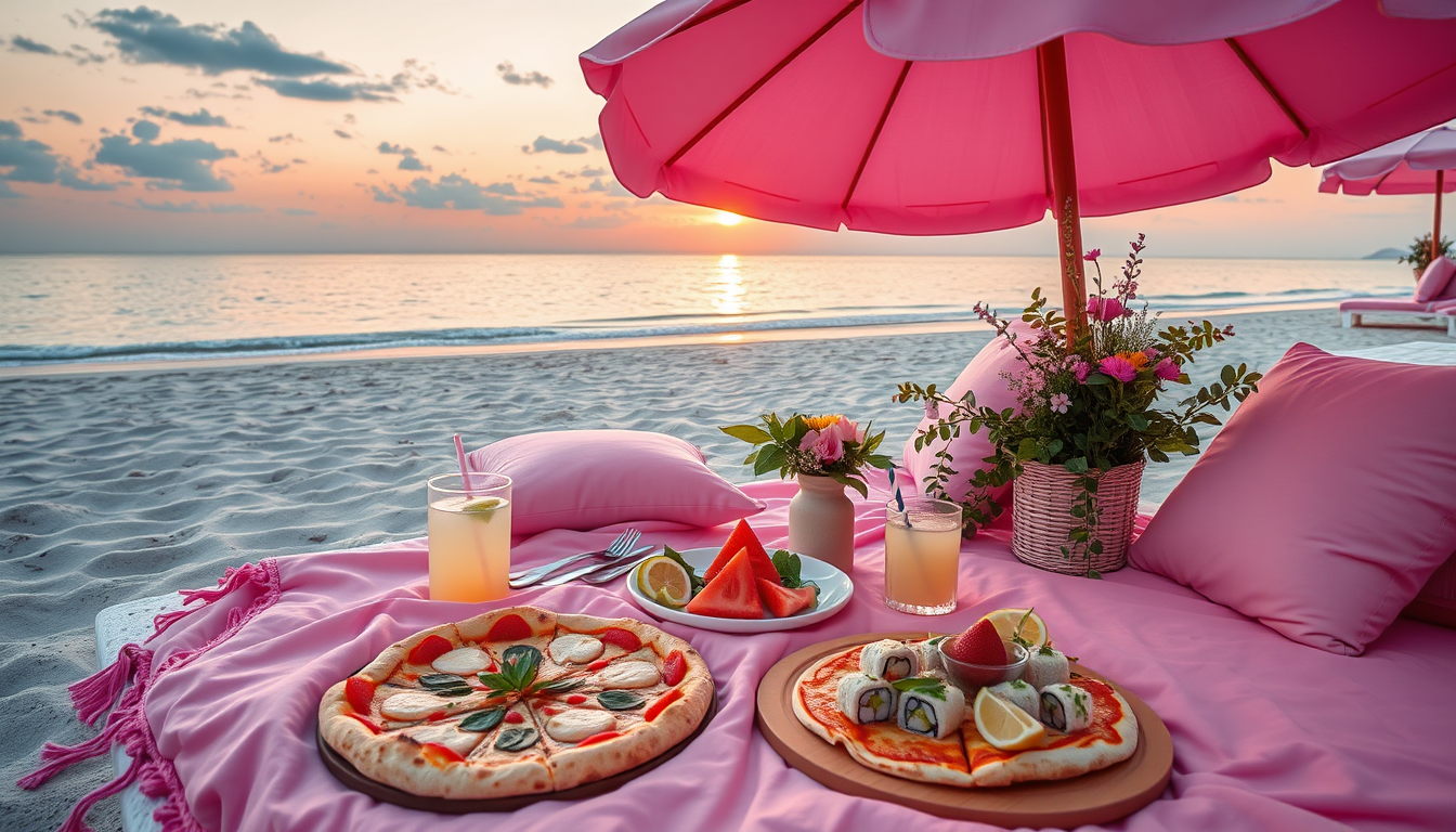 Main art studio: Vertical 9:16 aesthetic pink beach picnic, pink cushions, flowers, pizza, sushi, fresh fruit, lemon mint drink, beautiful sunset, realistic photograph