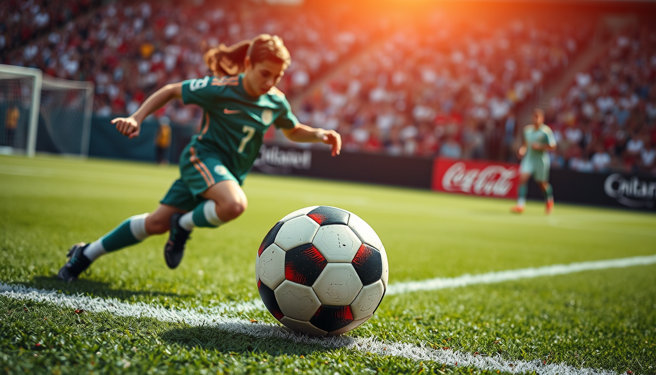 Main art studio: mache eine fussball spielerin die vom ball in die weichteile getroffen wird