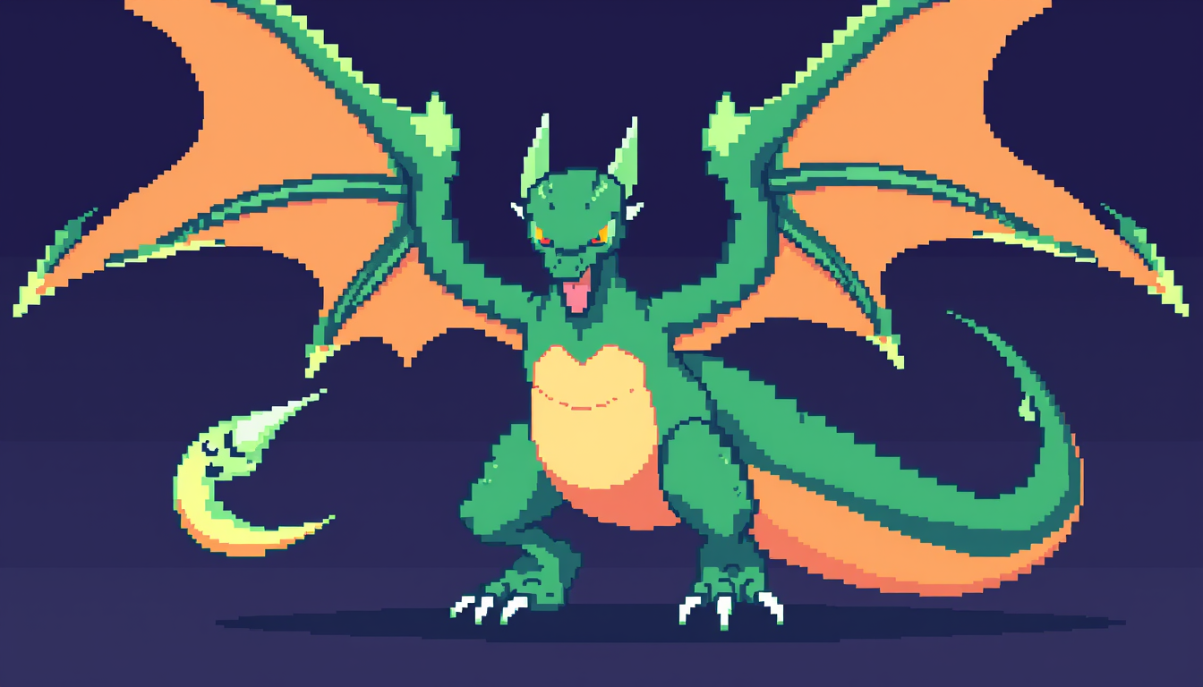 AI Pixel Art idea created from the prompt: pixel art, 32x32 sprite scale, limited palette, retro 16-bit game art, Rayquaza mega en pixel art de videojuego retro, sprite pequeño de 64x