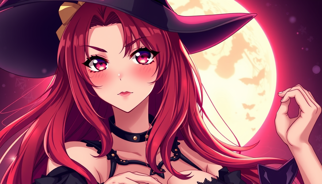 Anime idea: anime style, vibrant colors, expressive eyes, sexy 30 years old curvy witch full body redhair , detailed anime illustration