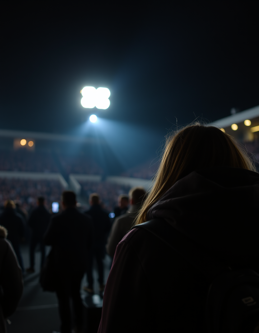 Main art studio: Une personne seule pas stressée sur scène vue de dos avec une foule en arrière plan dans un stade de nuit avec des lampes de téléphones sans vraiment 