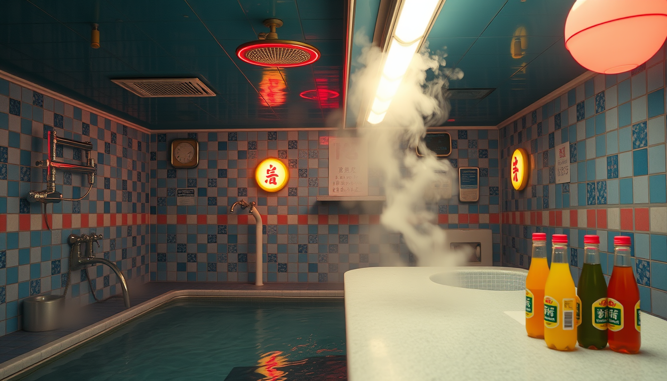 Main art studio: Cinematic photo of a neo-retro Japanese public bathhouse inspired by Showa-era sento. Blue and pastel geometric tiles, vintage fixtures, neon red and