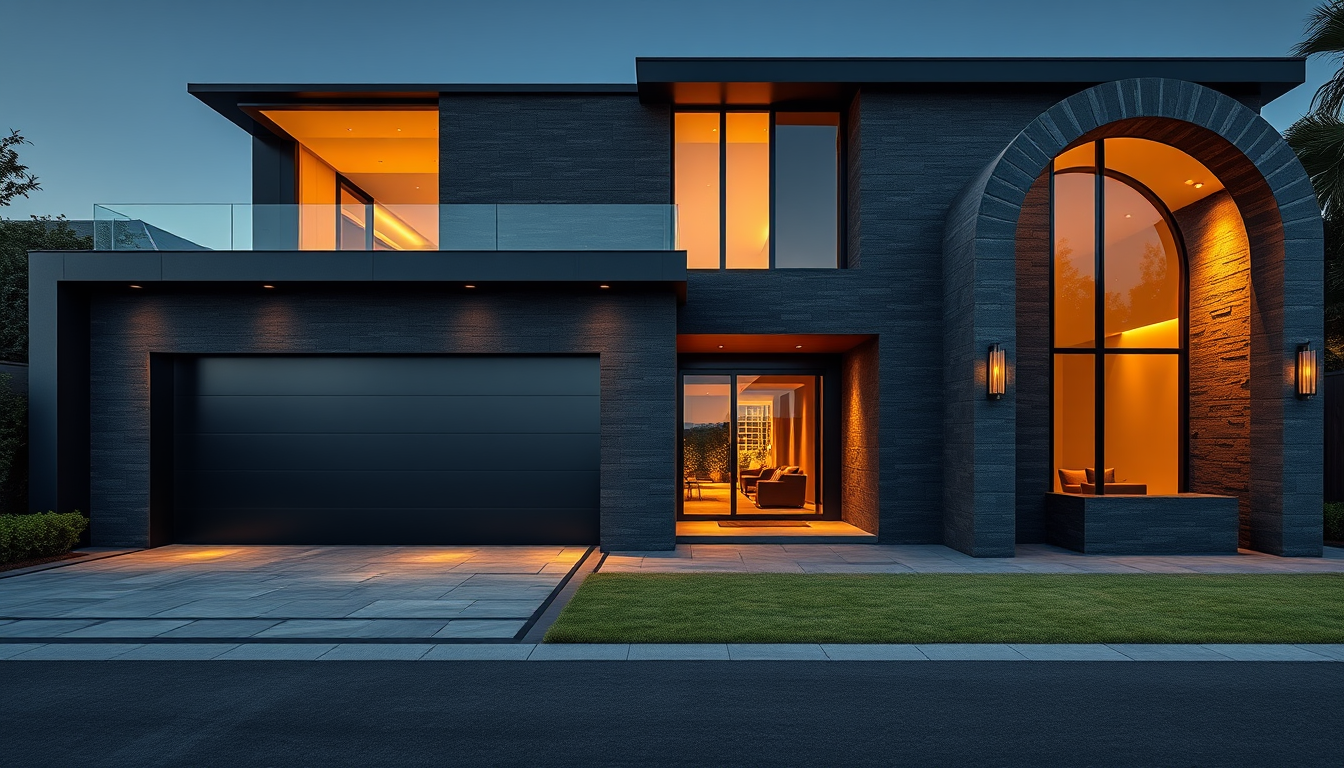 Main art studio: Long 30 meter luxury villa facade wall, 9 meter height, wide horizontal composition. Neo-modern premium design. Full continuous matte black frame arou