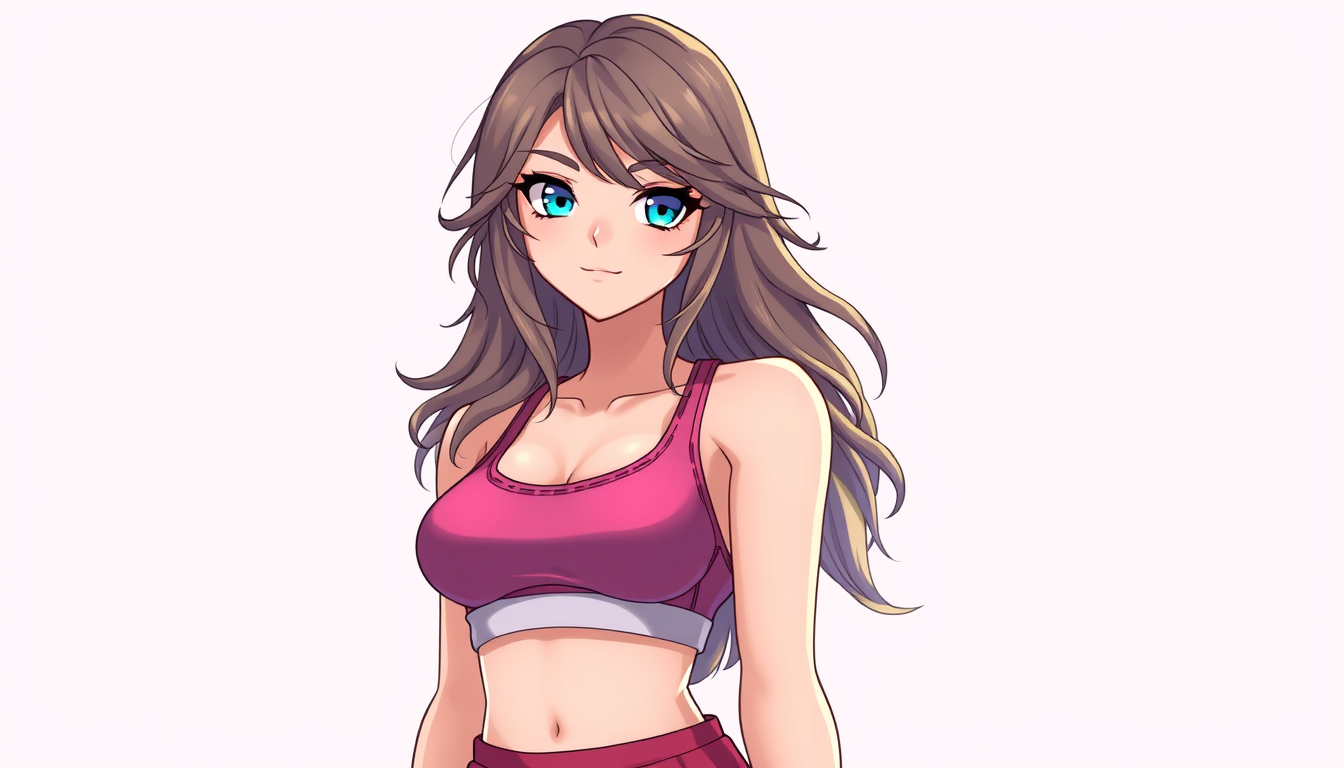 Main art studio: Create an female character with sports bra and wearing skirt have long wavy hair blue color eye