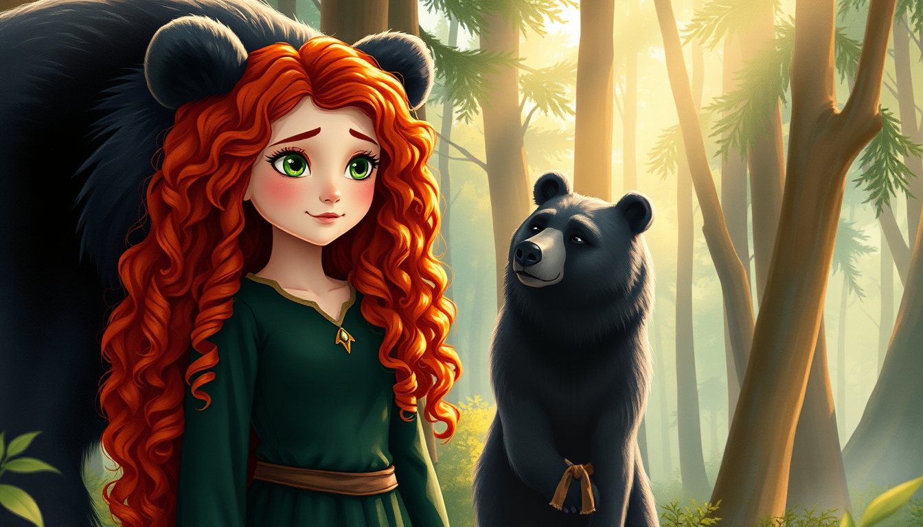 Main art studio: Merida, a teenage princess with long curly red hair, green eyes, and a dark green dress, stands thoughtfully in the forest beside Queen Elinor, a larg