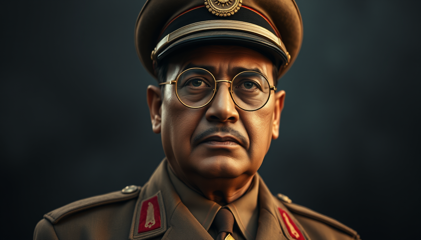 Main art studio: Ultra photorealistic cinematic 4K historical portrait of Netaji Subhas Chandra Bose wearing his recognizable military cap and round spectacles, dignif