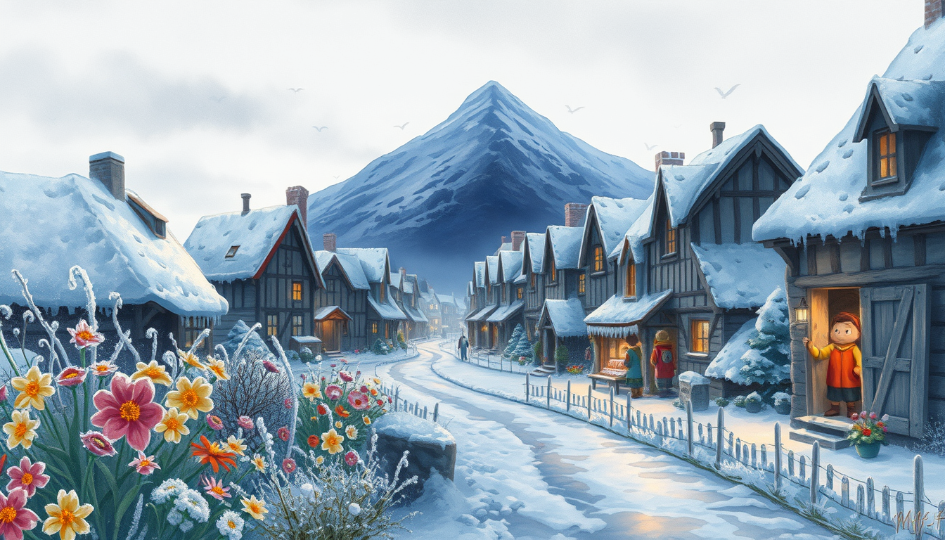 Main art studio: A frozen village in DunBroch on a cold morning. Colorful flowers are covered with frost and ice, while worried villagers look out from their cottage d