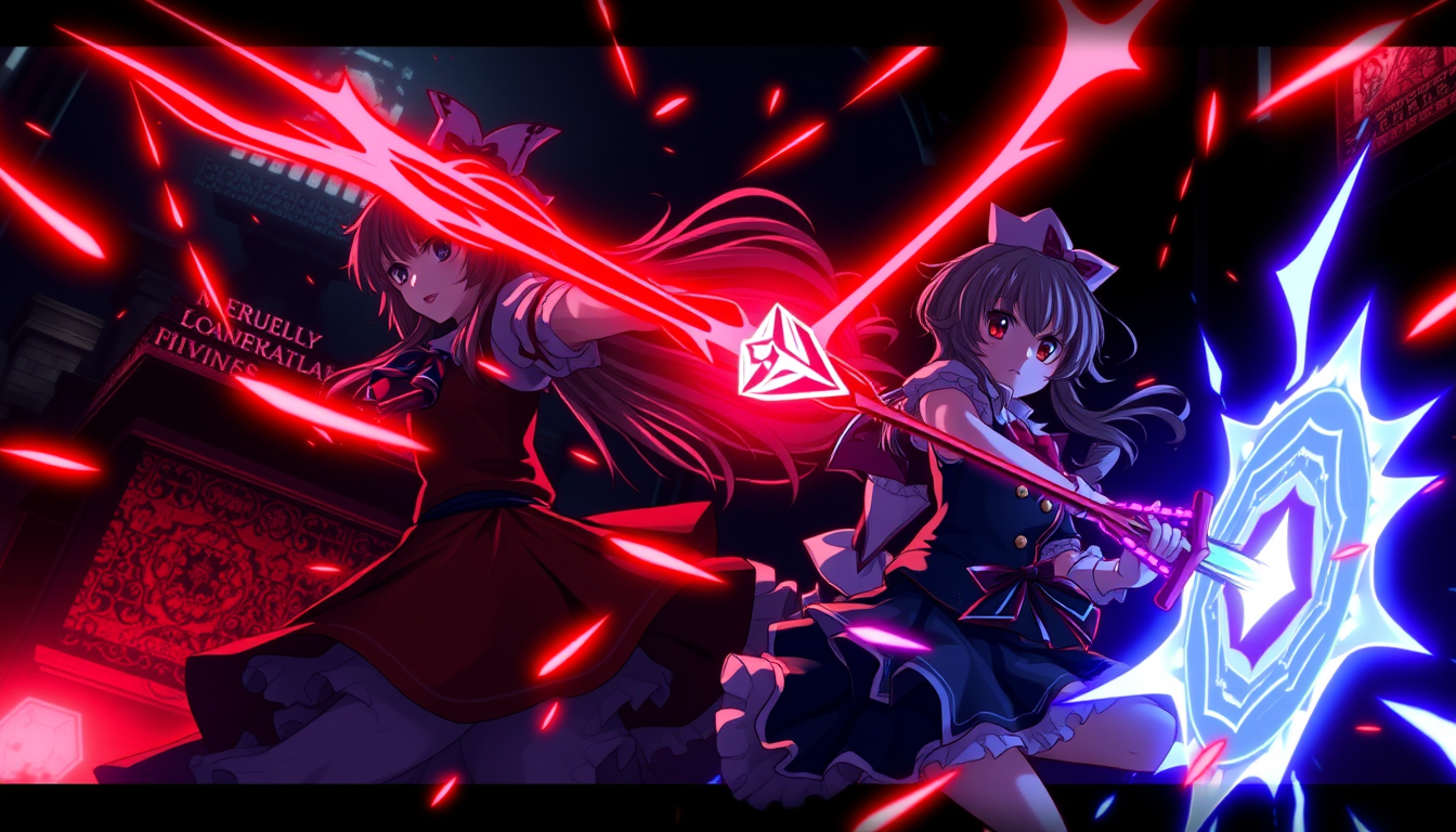 AI Art prompt example created from the prompt: Touhou Koumakyou: New Classic, Reimu Hakurei and Marisa Kirisame in a dark Scarlet Devil Mansion atmosphere, intense bullet hell action, glo