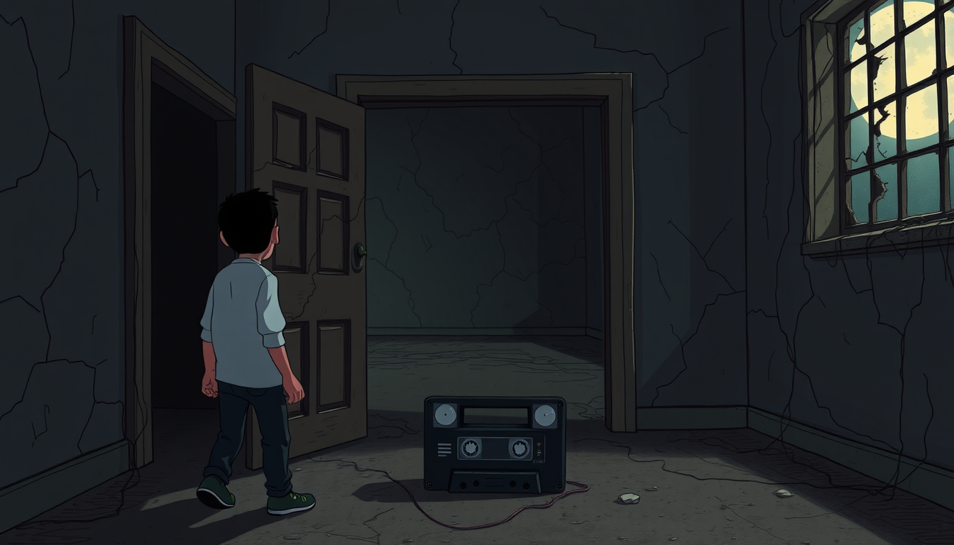 Main art studio: Same Samir character, 2D dark horror cartoon, vertical 9:16. Samir slowly reaches the upper floor and stands in front of an old abandoned room with it