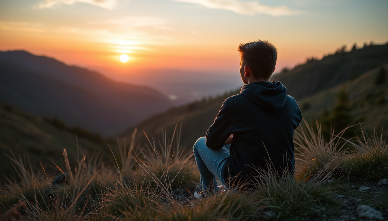 Main art studio: "Un adolescente de secundaria sentado mirando un amanecer en una montaña, expresión de esperanza y reflexión, ambiente tranquilo, estilo fotografía re