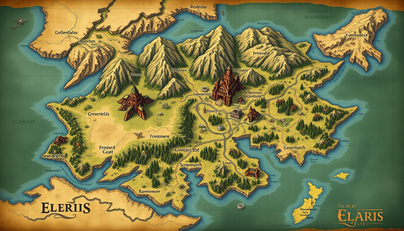 Main art studio: Fantasy map of Elaris, a large kingdom. Aurelian, the capital, lies at the center. The Aurelian Peaks form the eastern border, with Ironvale in the fo