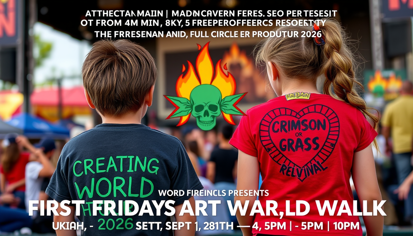 Main art studio: A boy with a concert shirt on that has the words POST MODERN PROMETHEUS around a picture Green Man with the words "CREATING THE WORLD TOUR 2026" on it