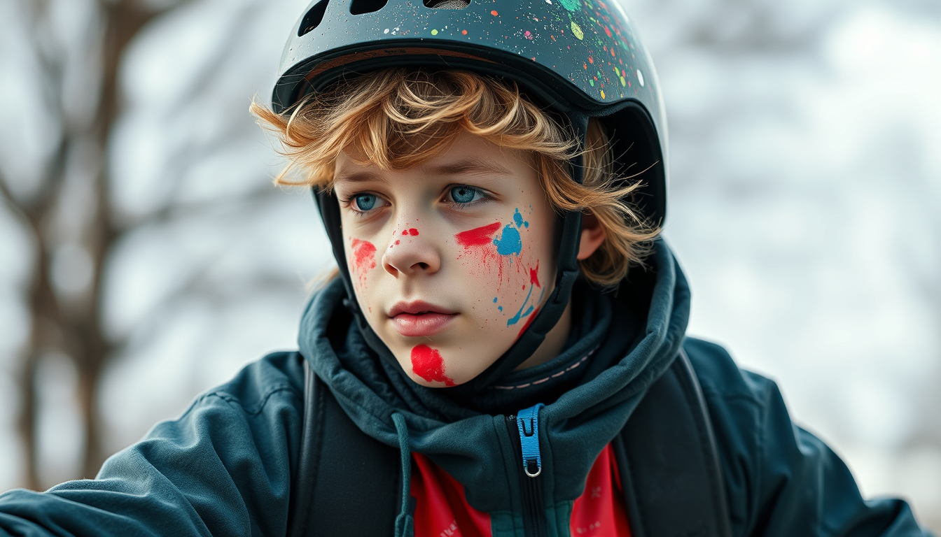 Main art studio: Jugendlicher Skater wirft Eimer mit Farbe aus. Nur der Junge mit dem leeren Farbtopf ist zu sehen, sodass die Farbe ergänzt werden kann. Bleististzeic