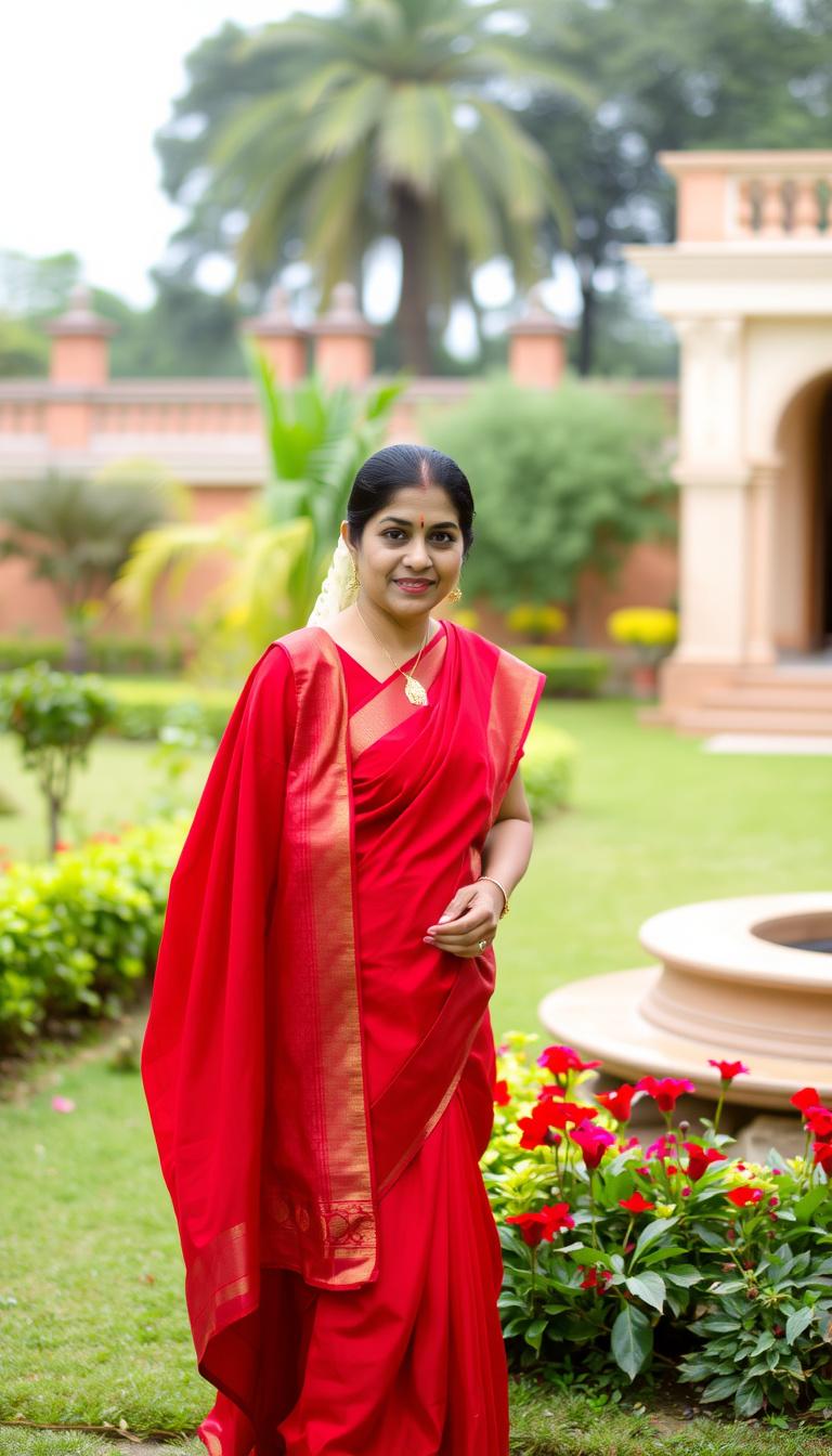 Main art studio: indian woman in red saree, standing in garden