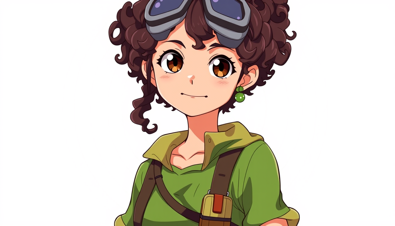 Anime idea: anime style, vibrant colors, expressive eyes, Create a beautiful 17-year-old girl, daughter of Usopp and Kaya from One Piece. She has curly dark brown