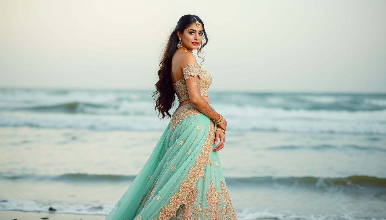 AI Art prompt example created from the prompt: Make a image of girls take in long dress look gown heavy like party wear dress look piche lehenga faila hua pure dur Tak upar Se photo shoot