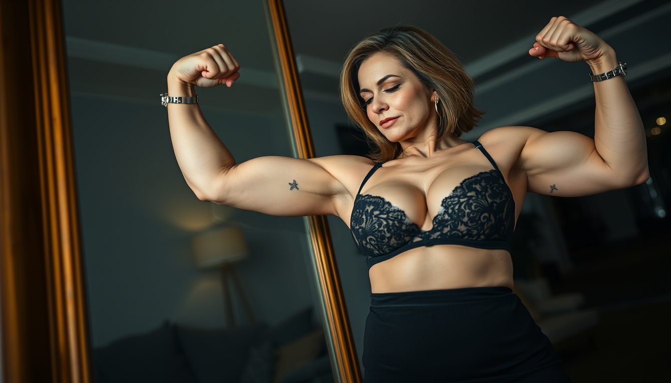 Main art studio: low angle shot of an astonishingly beautiful athletic, curvy woman around 50. She has heavy makeup, she is wearing a black lace bra, white skin, shoul