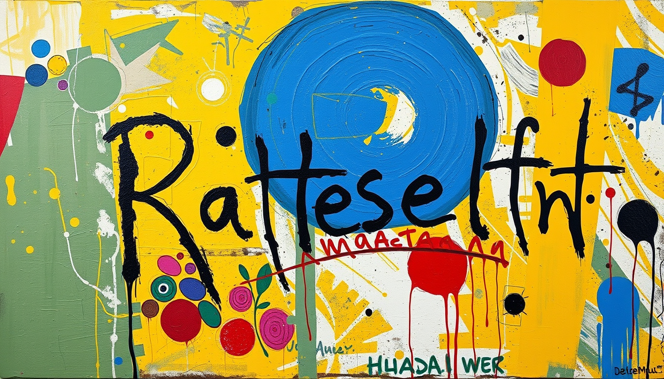 Main art studio: Painting in style of Joan Miro looking like a street art graffiti, written word is "Rätselcharakter" it should be more like a graffity than a painting