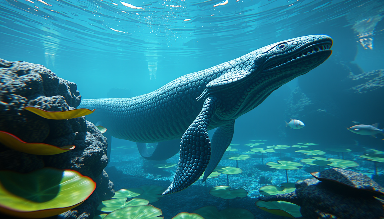 Realistic Images idea: photorealistic generated image, natural materials and skin texture, physically plausible lighting, shiver leviathan from subnautica 2 in the lilypad i