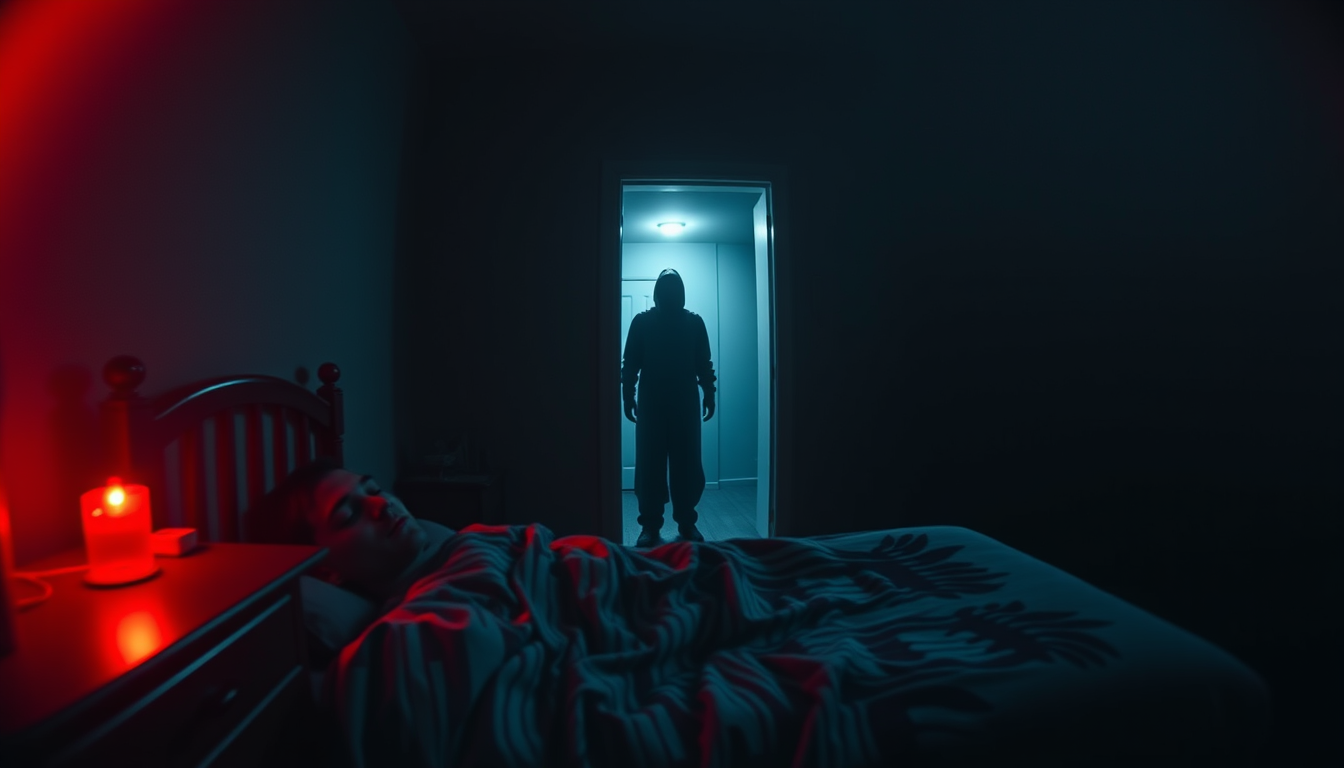 Main art studio: Same dark bedroom, same sleeping young man, 3:17 AM. Security camera view. A mysterious human shadow is standing silently near the doorway, face hidde