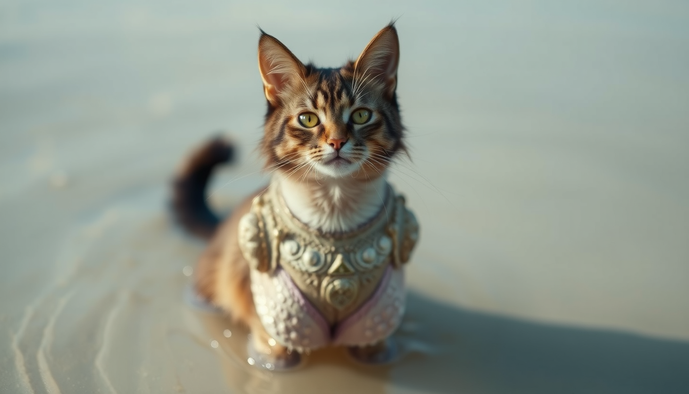 Main art studio: Una mujer gato morena en traje de baño diminuto ojos dorados pelo largo atado violeta recostada en la arena
