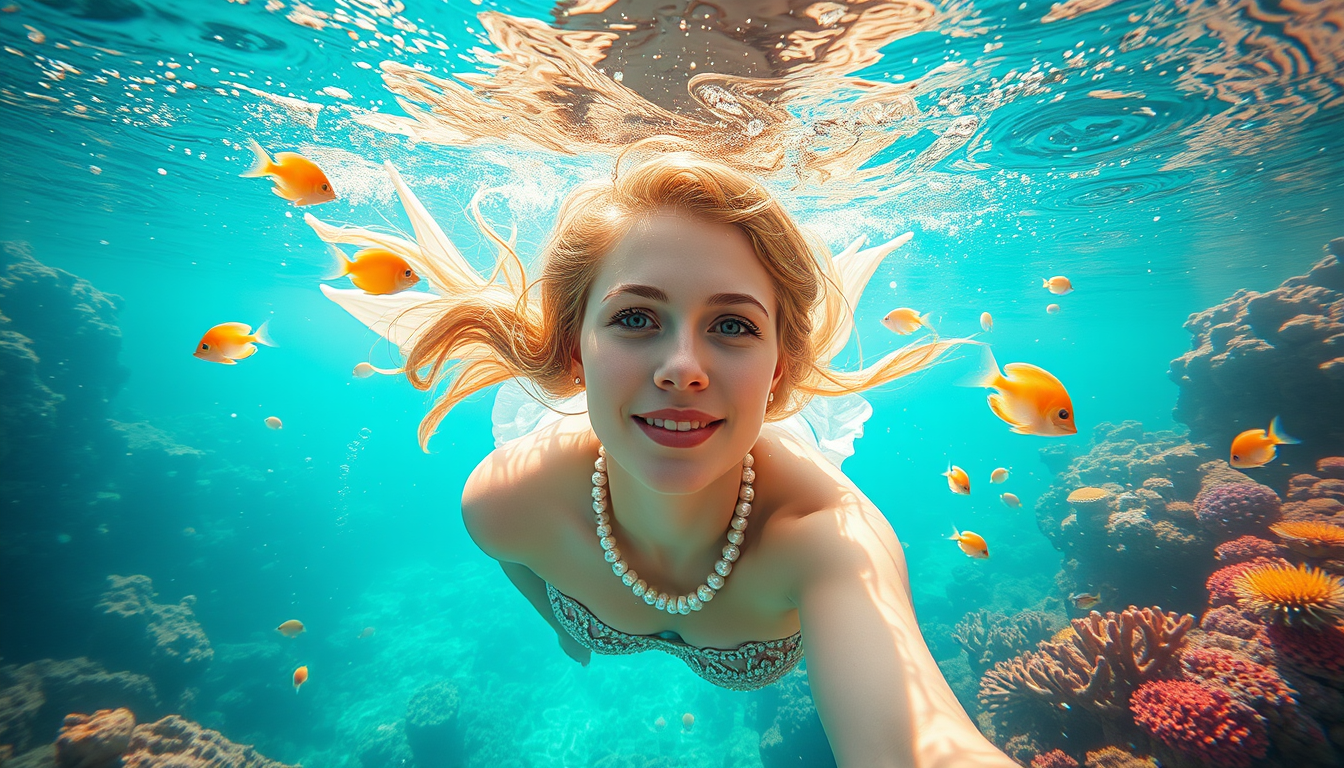 Main art studio: Transform my uploaded selfie into a fantasy mermaidcore portrait. I am swimming underwater in a crystal-clear tropical ocean. Bright turquoise, aqua, 