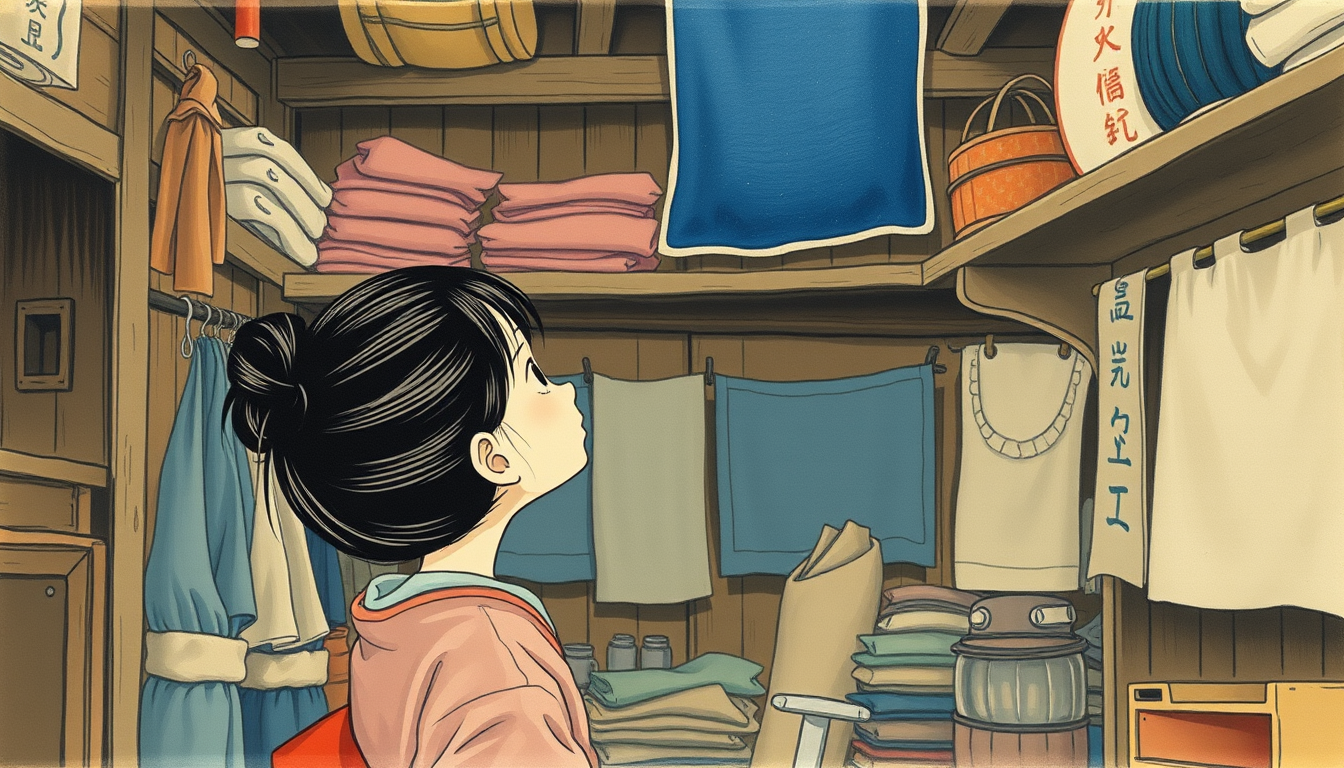 Main art studio: Little Japanese girl with her hair tied up, inside the old ramshackle shop looking up at the blue fabric way up high on a dusty shelf, barely visible
