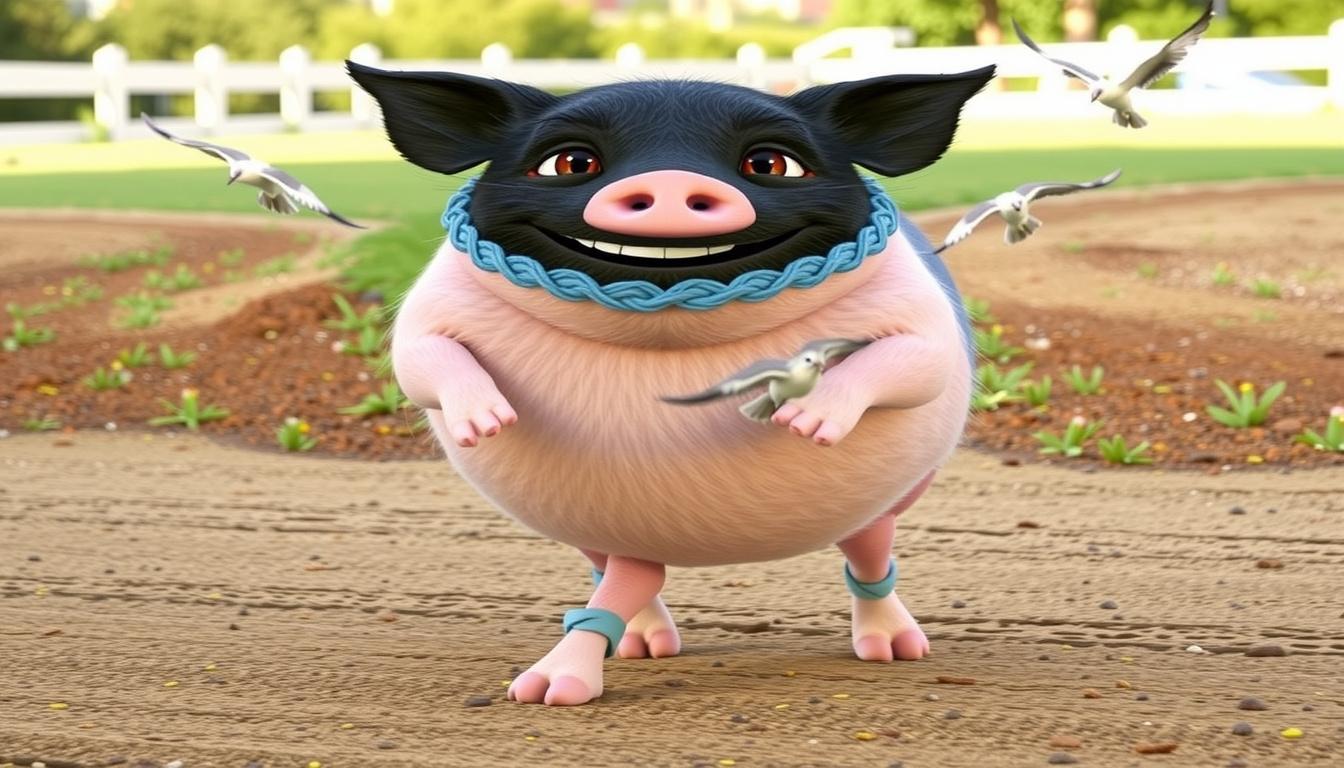 Main art studio: Peter Pig walks happily along a sunny farm road. Birds fly in the sky. Gentle walking motion. Cute children's cartoon. Bright colors. Pixar-style. Cam