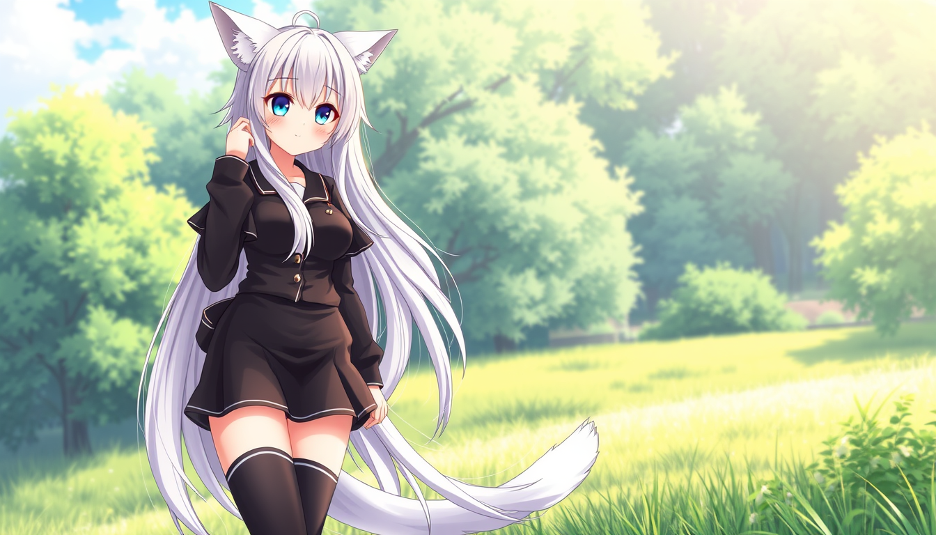 Main art studio: Sure. Here is an English description/prompt for the white-haired catgirl on the right: > A beautiful anime-style young woman with long silver-white ha