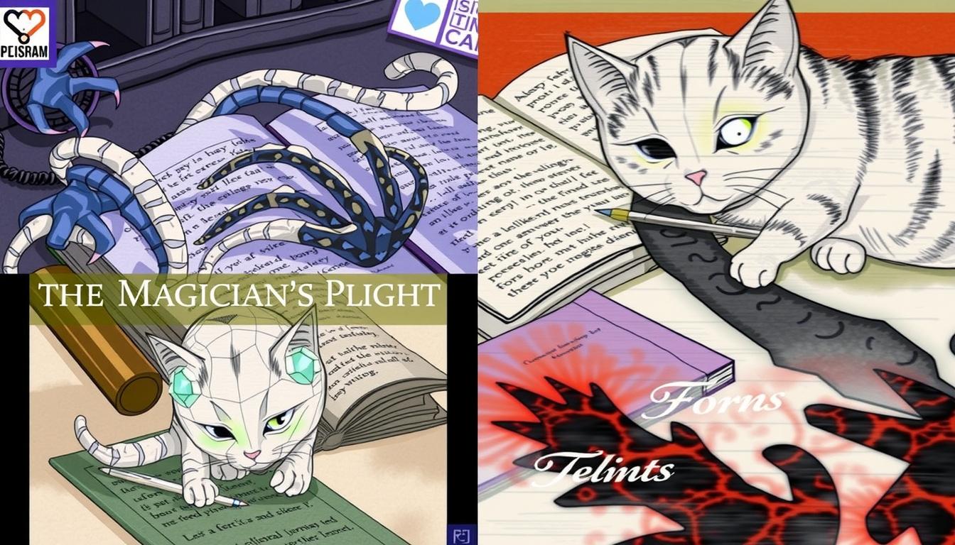 Main art studio: The Magician's Plight: A pastel-gothic book scene of Fors writing while a cat with glowing geometric tentacles sits nearby, blurring into blank paper
